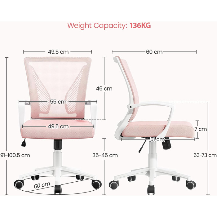 Офісний стілець Yaheetech ергономічний з сітчастою спинкою, регульований, з підлокітниками, до 136 кг (Рожевий)