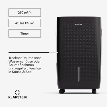 Електричний осушувач Klarstein DryFy Connect 60L з Wi-Fi, 60 л/24 год, таймер, для приміщень 45-65 м², портативний, антрацит