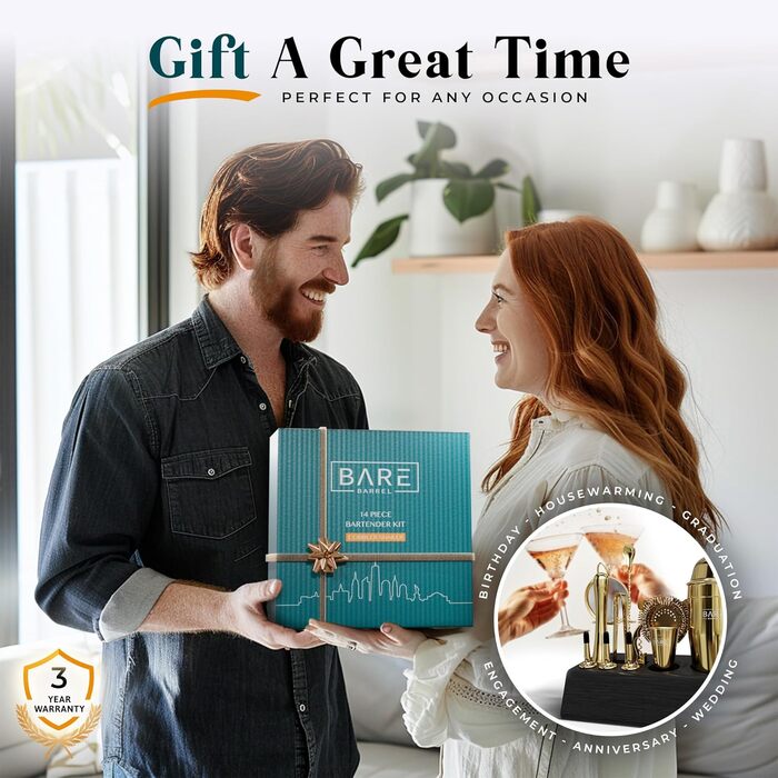 Набір для бармена BARE BARREL® з 14 предметів | Набір шейкерів для коктейлів | Професійний барний інвентар для дому | 35 рецептів + подарунковий набір | Золотий шейкер Cobbler 24oz