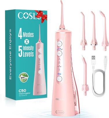 COSLUS Електрична душова насадка бездротова: 20 бар, IPX7, водонепроникна, 4 режими для гігієни порожнини рота, 5 інтенсивностей (Рожева)