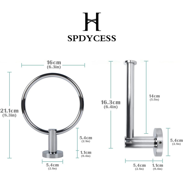 Настінний тримач туалетного паперу SPDYCESS Тримач для туалетного паперу Тримач для туалетного паперу та кільце для рушників - Набір аксесуарів для ванної кімнати з нержавіючої сталі з 2 предметів, для кухні у ванній кімнаті - срібло