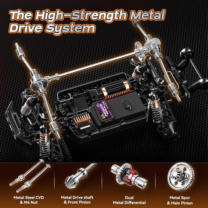 Радіокерований автомобіль 1/14 Brushless 70 км/год, 4WD, амортизатори, 2x LiPo акумулятори, фіолетовий - для дорослих