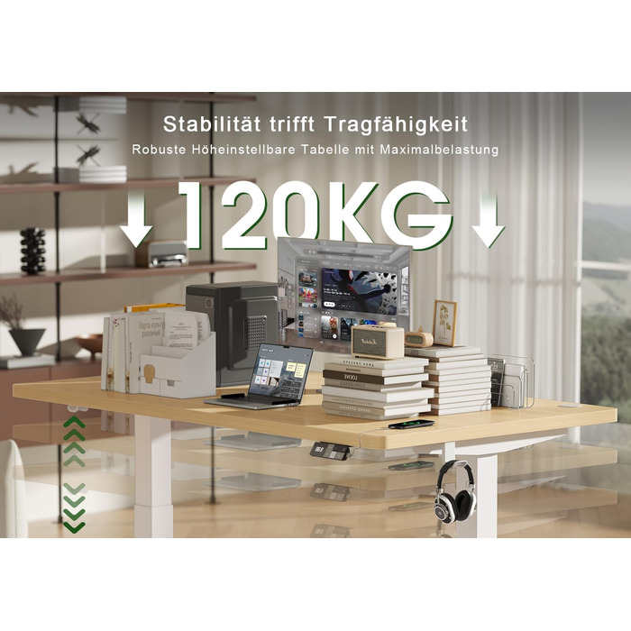 Електричний підйомний стіл Devoko 180x80 см, ергономічний комп'ютерний стіл для роботи сидя-стоячи з подвійним мотором, пам'яттю та USB-C (Дуб/Білий)