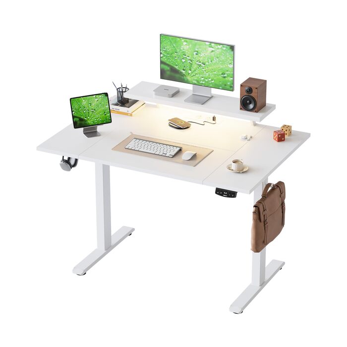 Регульований по висоті письмовий стіл Klicelor 140x60 см з LED-підсвіткою та розетками, геймерський стіл для офісу з підставкою для монітора, білий