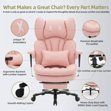 Ергономічне офісне крісло Efomao для дому та геймінгу, шкірзам PU, чорно-рожеве, до 200 кг, з підставкою для ніг та підтримкою попереку