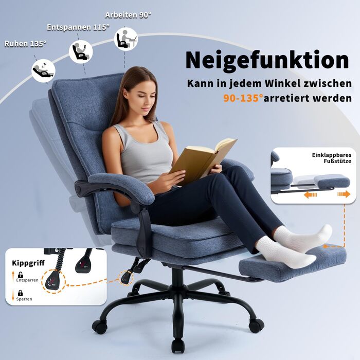 Ергономічне крісло для офісу, комп'ютерне крісло для начальника з регульованою спинкою 90-135° та підніжкою, сіре, тканина, 150 кг