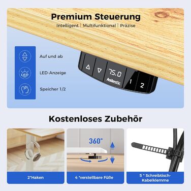 Регульований за висотою стіл Agilestic: електричний, з пам'яттю, ергономічний, для комп'ютера, 150 x 60 см, білий/світло-коричневий