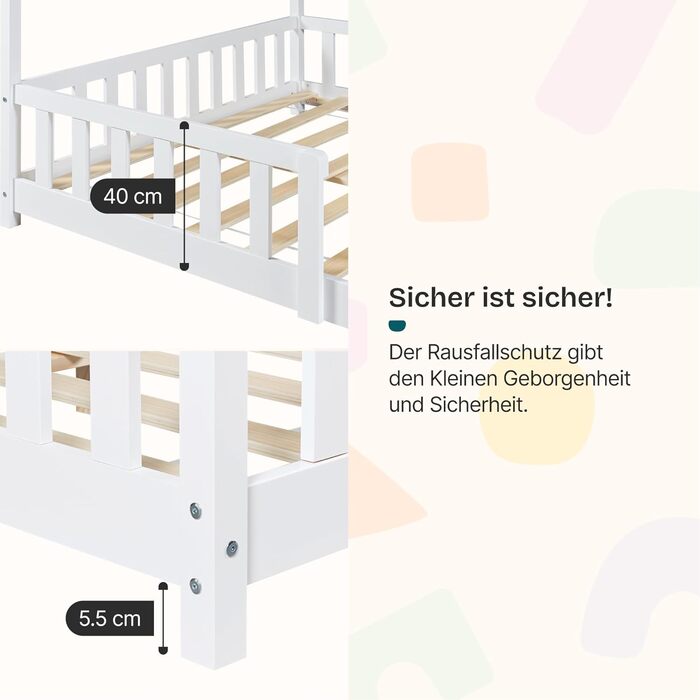 Ліжко дитяче Hesel Hausbett біле 90x200 см з бортиками та ламелями. Монтессорі ліжко-платформа для підлітків. Дерев'яне ліжко від en.casa