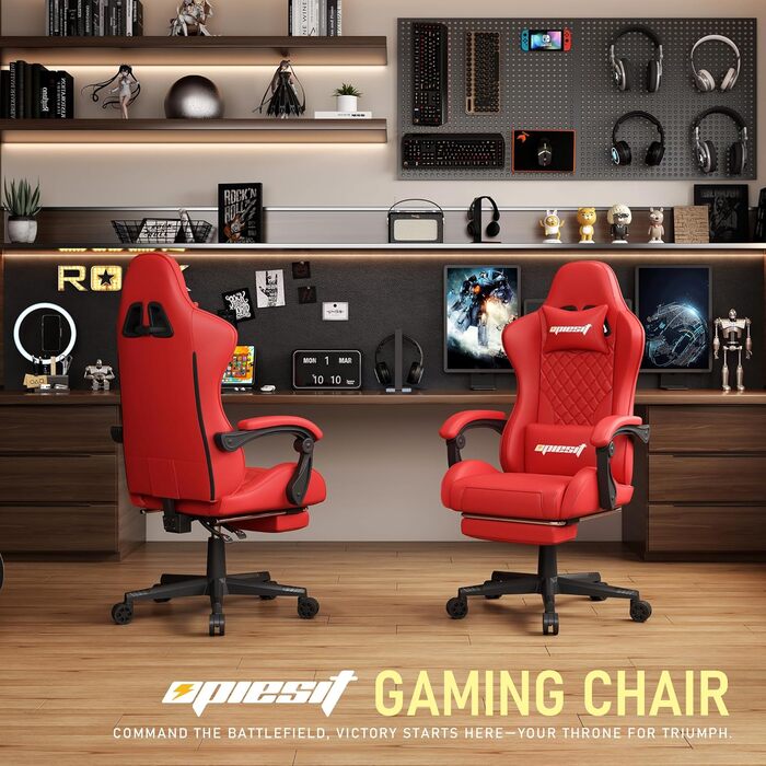 Ігровий крісло, комп'ютерне ігрове крісло з підніжкою, регульованими підлокітниками та підтримкою попереку, ергономічне офісне крісло з високою спинкою для дорослих, велике та високе крісло для столу (Червоний)