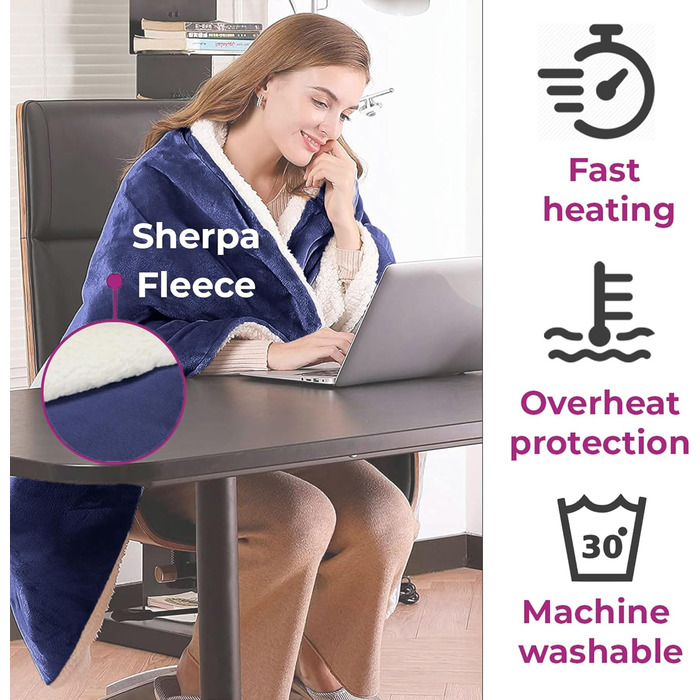 Електрична ковдра з підігрівом Neo, м'яка, з фланнелі та шерпою, двостороння, темно-синя