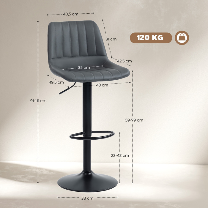 Набір з двох барних стільців у ретро-стилі, з підставкою для ніг, регульованої по висоті, розміром 43 см x 49,5 см x 111 см