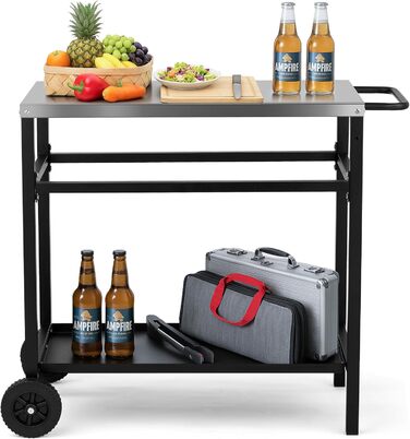 Гриль-вагон LEADZM - гриль-стіл для вулиці, 95 x 45 x 83 см, стіл з нержавіючої сталі срібного кольору, на колесах, мобільний, сервірувальний візок для садів, чорний, 95x45x83 см