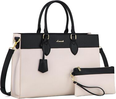 Сумка для ноутбука LOVEVOOK 15.6 дюймів, велика робоча сумка, водонепроникна сумка з PU шкіри, сумка-шоппер, акцентна сумка, сумка для навчання, сумка через плече для бізнесу, роботи, університету, школи (Бежево-чорна, M)