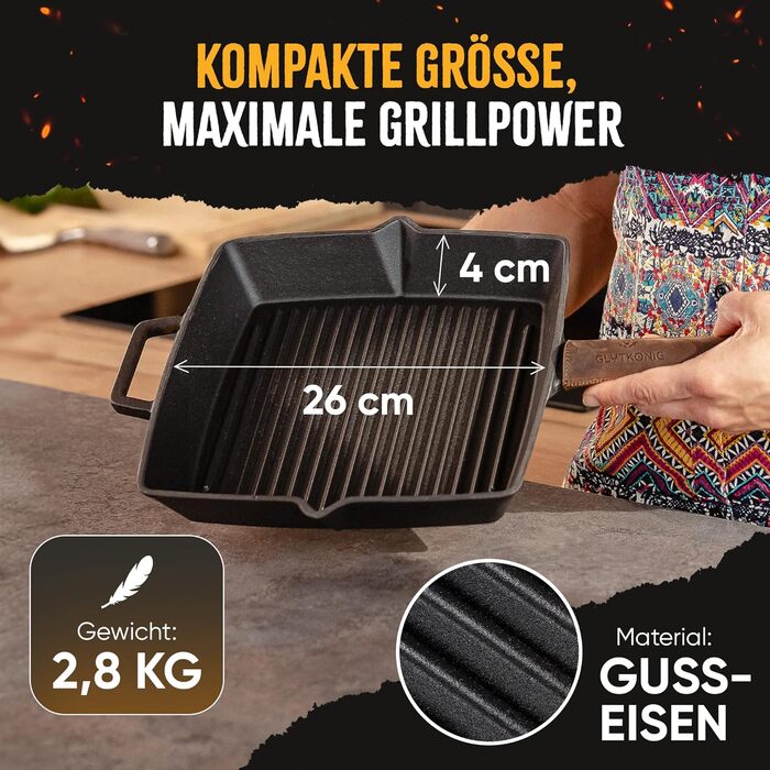 Сковорода-гриль з чавуну, 26 см, емальована, для приготування стейків, сумісна з усіма типами плит