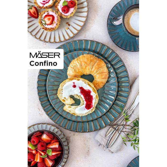 Набір посуду Confino серії MSER 931966 для 4 осіб у сучасному вінтажному стилі, бірюзовий керамічний набір для сніданку 12 шт із чорними вставками, набір кави з бірюзового порцелянового кераміки