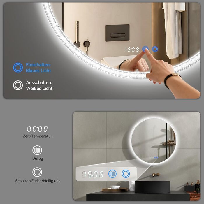 Дзеркало для ванної кімнати YOURLITE з підсвічуванням, діаметр 60 см, LED, 3 кольори, регулювання яскравості, сенсорна кнопка, антизапар, пам'ять, IP44, срібний