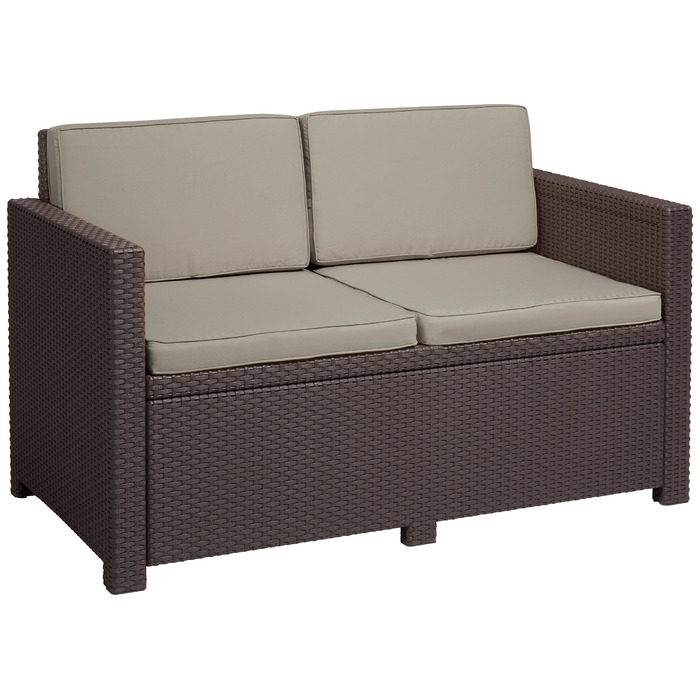Садовий диван Allibert Victoria 2-місний ротанг коричнево-бежевий з подушками, вуличний, вологостійкий 129x63x77 см