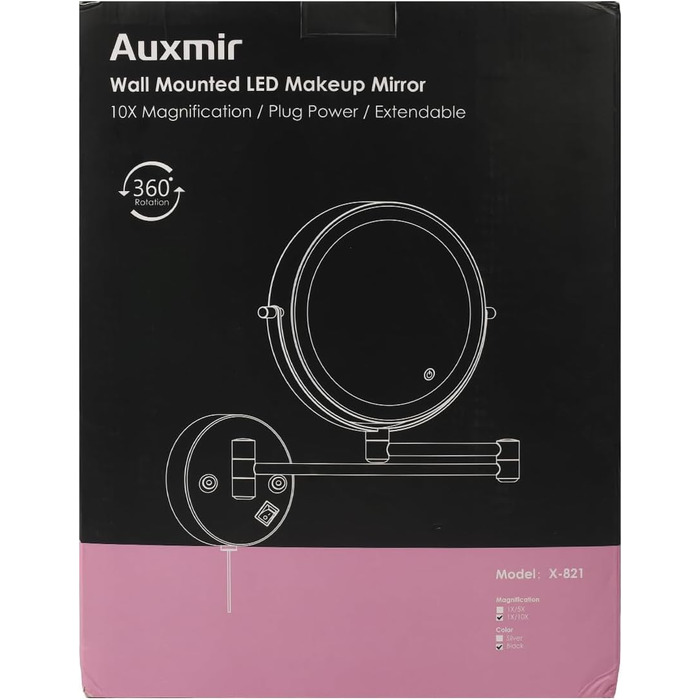 Косметичне дзеркало 20 см настінне з підсвічуванням і 10-кратним збільшенням, чорне Auxmir