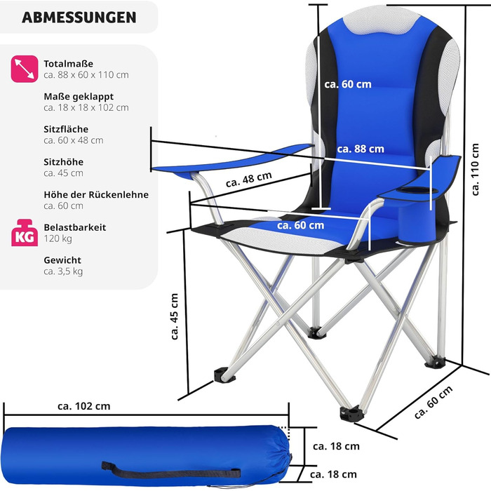 Кемпінгове крісло tectake з підсклянником, розкладне крісло для риболовлі, садове крісло з підлокітниками, м'яке розкладне крісло, складне кемпінгове крісло з сумкою для перенесення, для кемпінгу Пляжний сад Тераса Балкон - синій