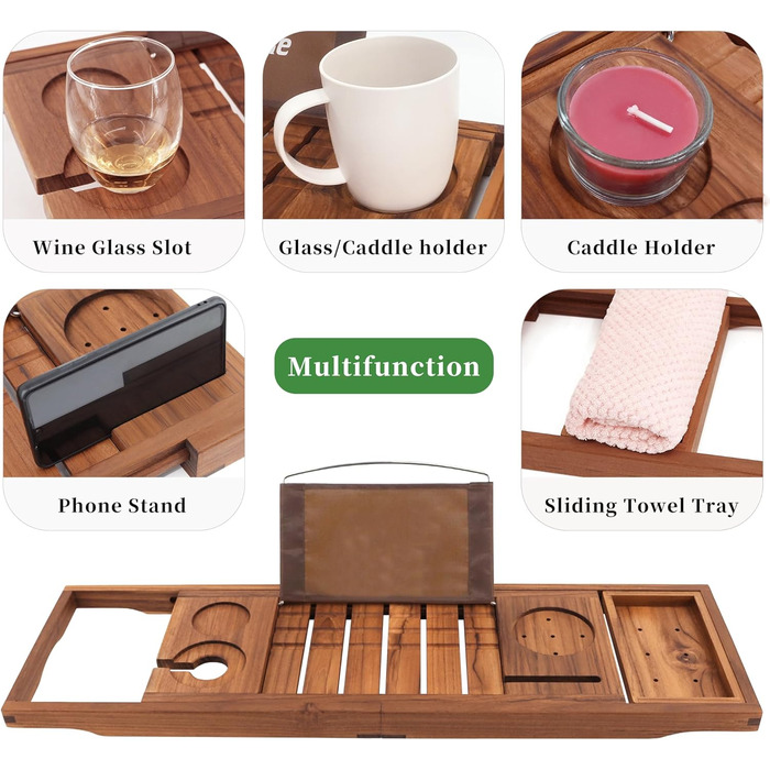 Підставка для ванни VaeFae з текового дерева, регульована, з тримачем для напоїв та книг, висувна, з безкоштовною тековою щіткою для тіла