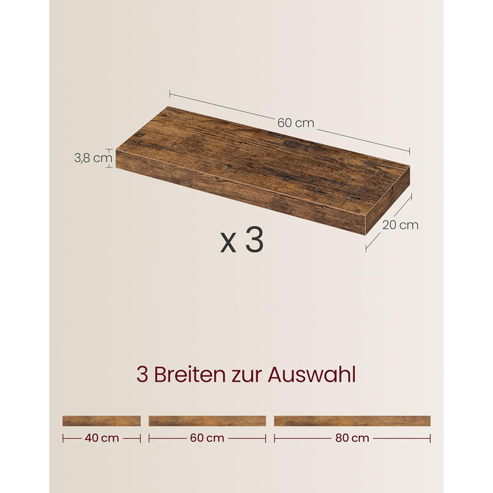 Настінна полиця VASAGLE, 3 шт. у наборі, 20 x 80 x 3,8 см, вінтажний колір, для фотографій, декору, вітальні, кабінету, кухні