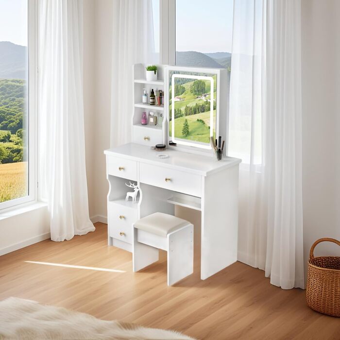 Дзеркальний туалетний столик YuYe з LED-підсвічуванням, регульованою яскравістю, з пуфом, 5 шухлядами та 3 полицями, білий, модель T68