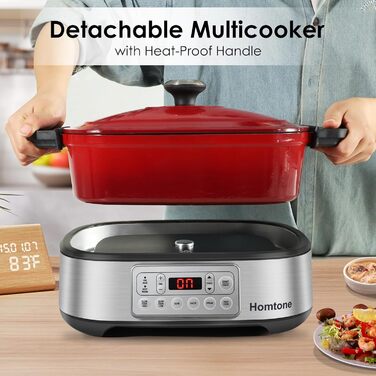 Мультиварка Homtone 6-в-1, 5.5L з керамічним покриттям, червона. Повільне приготування, смаження, варіння на пару
