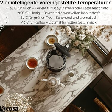 Електричний чайник Ecosa® зі скляною колбою та нержавіючою сталлю, 1,7 л, 2200 Вт, регулювання температури 40°C-100°C, підігрів, LED-підсвічування (Black Pearl)