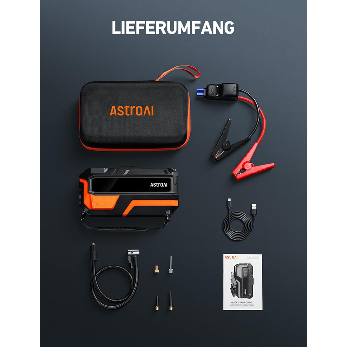 Powerbank AstroAI MF16 6000A з компресором 150PSI: старт для авто, мото, SUV (12V, 10L бензин/8L дизель), LED-дисплей, помаранчевий