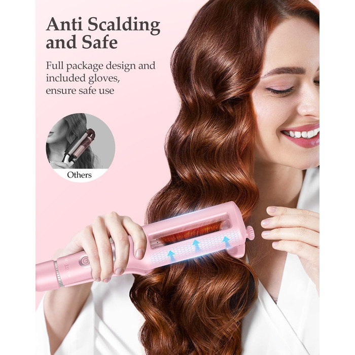 4-в-1 Випрямляч для волосся з насадками - локони 22/25/32/38 мм, для створення пляжних, природних та водохвиль, 4 температури (140-210°C), рожевий