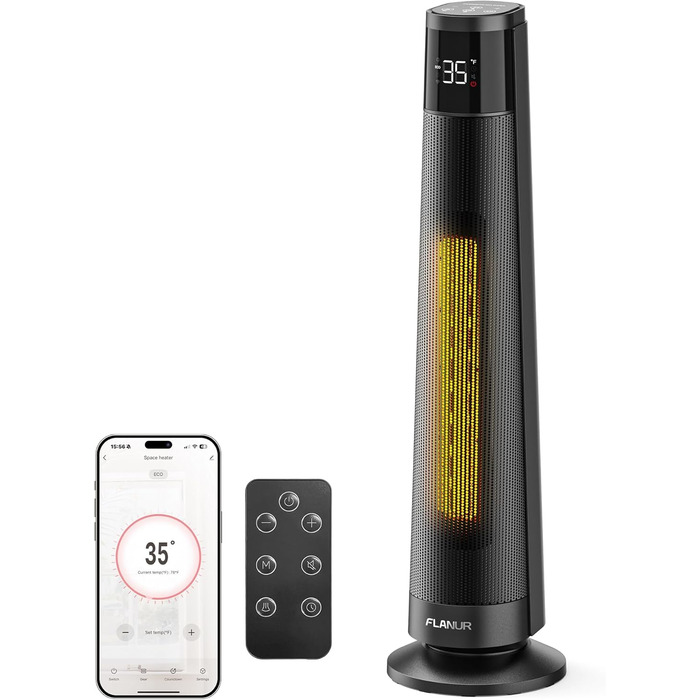 Електричний обігрівач PTC 2000W з керамічним нагрівачем, тихий, з термостатом та пультом дистанційного керування, ECO режим, 70° осциляція, 12h таймер, захист від перегріву та перекидання, чорний, 1 шт.