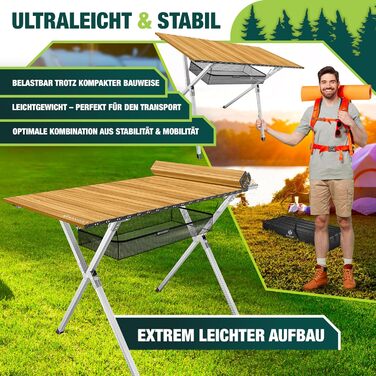 Кемпінговий стіл KESSER® розкладний, з алюмінієвим каркасом, регулювання висоти, 90x53 см, до 100 кг, з сумкою та сітчастою кишенею, (145x70 см, імітація дерева)