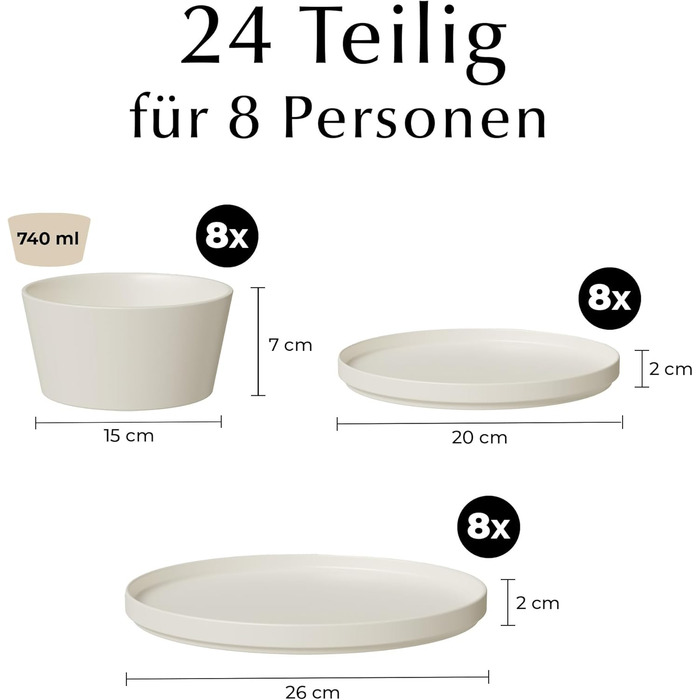 Набір посуду Miamio для 8 осіб (24 шт.) з кераміки, сучасний дизайн, безпечний для миття в посудомийній машині та використання в мікрохвильовій печі, білий, преміум-якість
