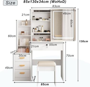 Трюмо YuYe з LED-підсвічуванням, регульованою яскравістю, дзеркалом, пуфом, 5 шухлядами та 3 полицями, сучасний комод для макіяжу з дерева, білий (125)