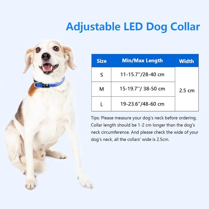 Нашийник для собак, що світиться, акумуляторний, водонепроникний, світлодіодний нашийник для собак, видимість в темряві, M (L(48-60см), синій)