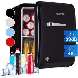 Холодильник Klarstein, міні-холодильник для напоїв, компактний холодильник, тихий, для догляду за шкірою, вінтажний дизайн, для кемпінгу, міні-холодильник для кімнати, 0-10°C, 48 л, енергоклас D, чорний