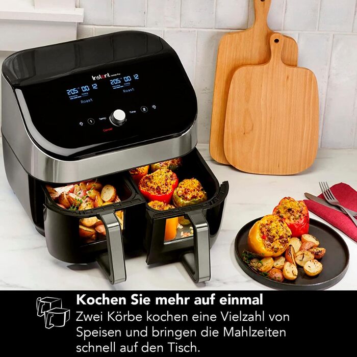 Подвійний кошик Instant Vortex Plus із ClearCook - цифрова фритюрниця 7,6 л, чорний, розумні програми 8-в-1, випікання, смаження, гриль, зневоднення, розігрівання, XL Потужність -1700 Вт, чорний - 7,6 л (подвійна камера XL (нержавіюча сталь 7,6 л))