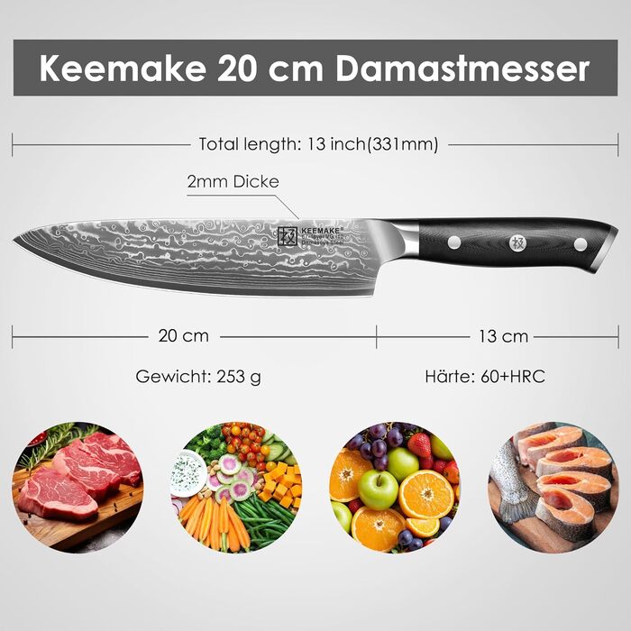 Набір кухонних ножів Keemake Damast - 3 шт. з дамаської сталі 67 шарів, ергономічні ручки G10, ніж шеф-кухаря 20 см, сантоку та універсальний ніж для кухні