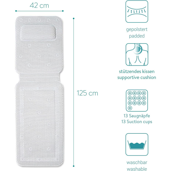 Набір для ванни Navaris: килимок та подушка для ванни - 125x42 см, білий