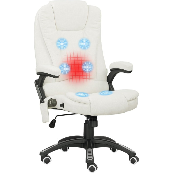 Крісло офісне Vinsetto з масажем, підігрівом та регулюванням нахилу. Ергономічне крісло для начальника з підлокітниками, функцією лежання, обертання на 360° та бічною кишеню. Обивка з льону, кремово-білий колір. Матеріал: 100% поліестер.