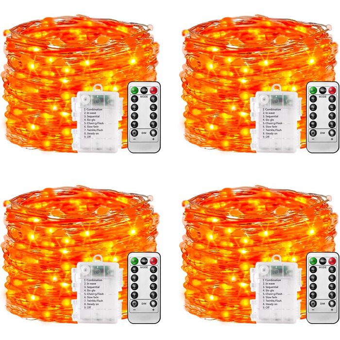 Ланцюжок прикрас з LED-підсвічуванням на батарейках, 100 LED, 10 м, 8 режимів, пульт дистанційного керування, таймер, теплий білий, димування, вологостійкий, для прикрашання, 4 шт.