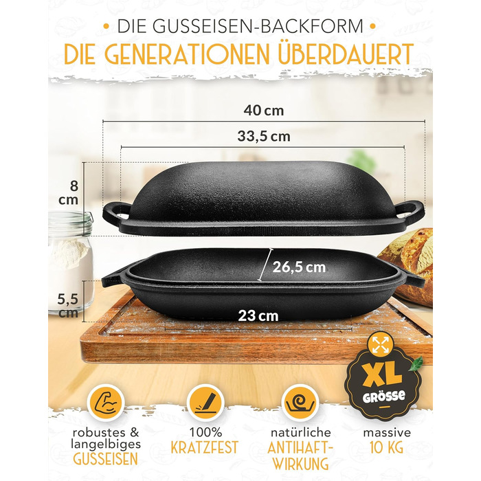 Набір для випікання хліба з чавунного лиття Krustenzauber XXL: форма, корзина для підйому, лопатки, ніж та інше. Ідеальний для початківців (форма 40 см)