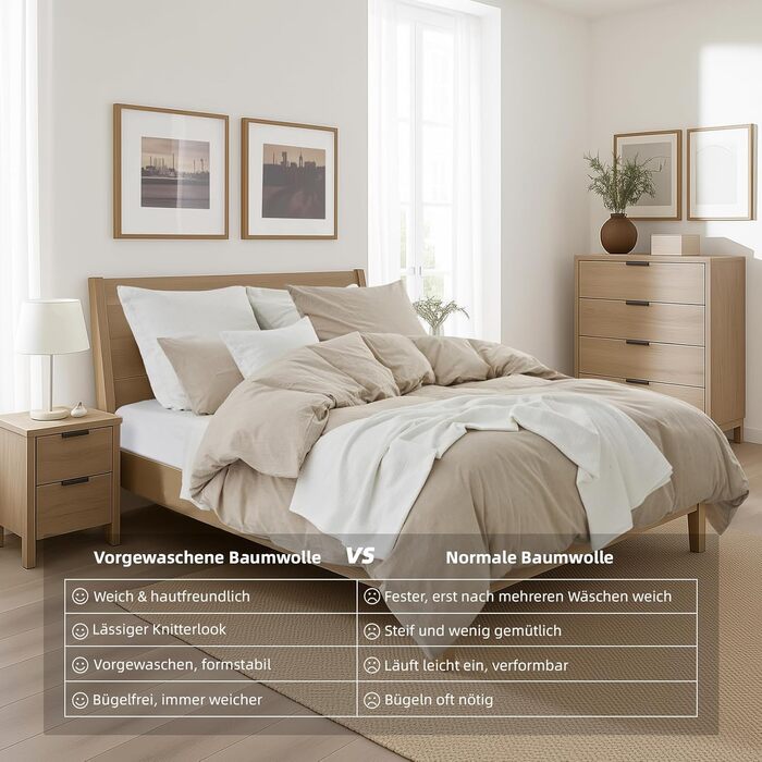 Комплект постільної білизни 200x220 з бавовни, бежевий, суперм'який, 100% бавовна, випрана, з льоноподібною текстурою, ÖKO-TEX, комплект 3 шт. (200x220 + 2 x 80x80)