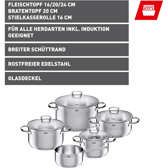 Набір каструль Silit Toskana Induktion 4-каструль, нержавіюча сталь, з кришкою з термоскла, не має покриття