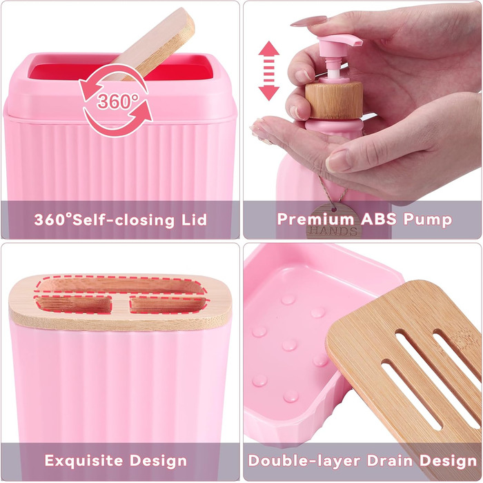 Набір для ванної кімнати 17 предметів: аксесуари для ванної, сміттєвий бак, дозатори мила, тримач для зубних щіток, дерев'яні гачки (рожевий). Підходить для ванної та кухні