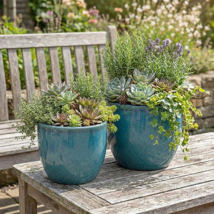 Квітчар Teramico Premium з кераміки, глазурований – 100% морозостійкий, ручної роботи. Горщик для квітів з отвором для внутрішнього та зовнішнього використання. Преміум-якість, унікальний, зимостійкий (Jade, 29см x 23см)