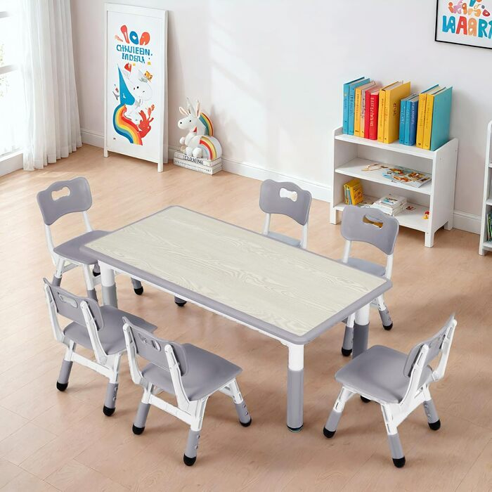 Дитячий стіл з 6 стільцями - дитячий меблевий набір для дитячого садка та кімнати, регульований стіл, пластикові меблі, комплект для хлопчиків та дівчаток (сірий)