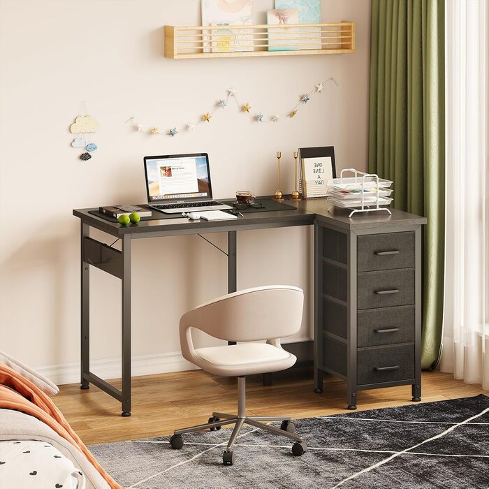 Комп'ютерний кутовий стіл Coleshome 100x70 см з 4 шухлядами, білий/чорний, для офісу, робочого кабінету, спальні