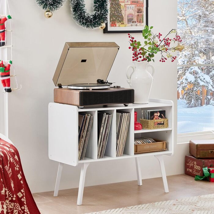 Підставка для програвача LELELINKY з 4 полицями для 220 альбомів, міцна дерев'яна конструкція, стіл Mid-Century, біла полиця для зберігання вінілу