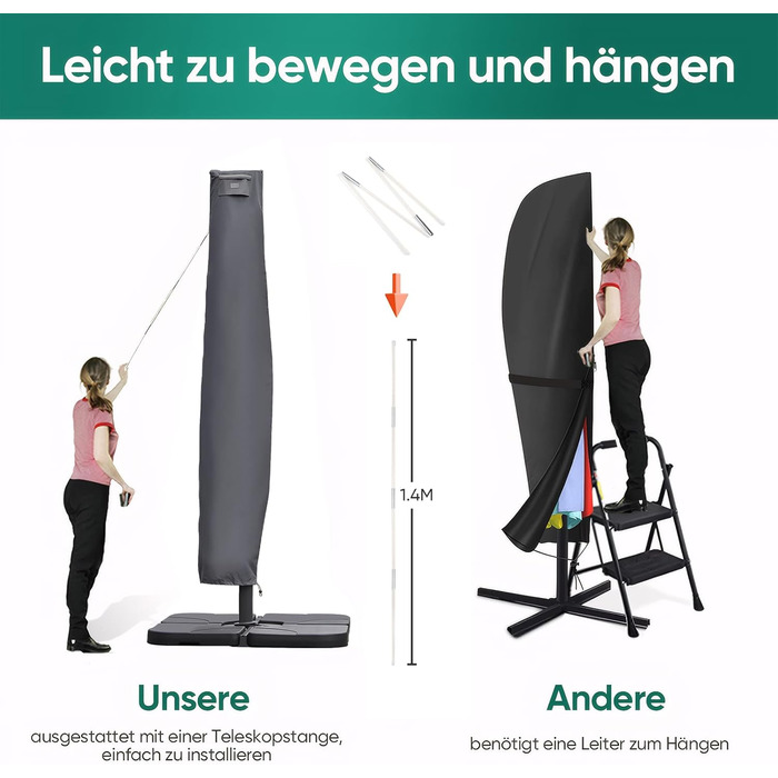 Захисний чохол для парасольки від сонця, сірий, 260x40/70/50 см